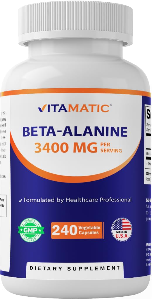 Vitamatic Beta-Alanine 3400 mg Per Serving – Supports Endurance, Muscle Performance & Workout Stamina – 240 Veg Capsules