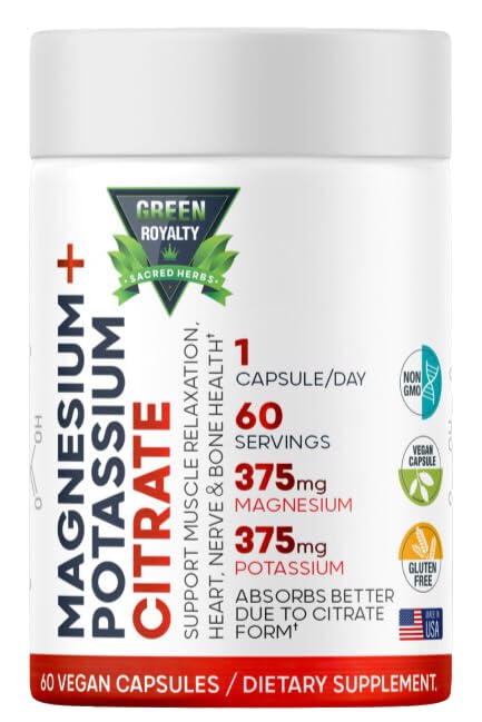 GREEN ROYALTY Magnesium Citrate + Potassium Premium Vegan Capsules, 60 Count