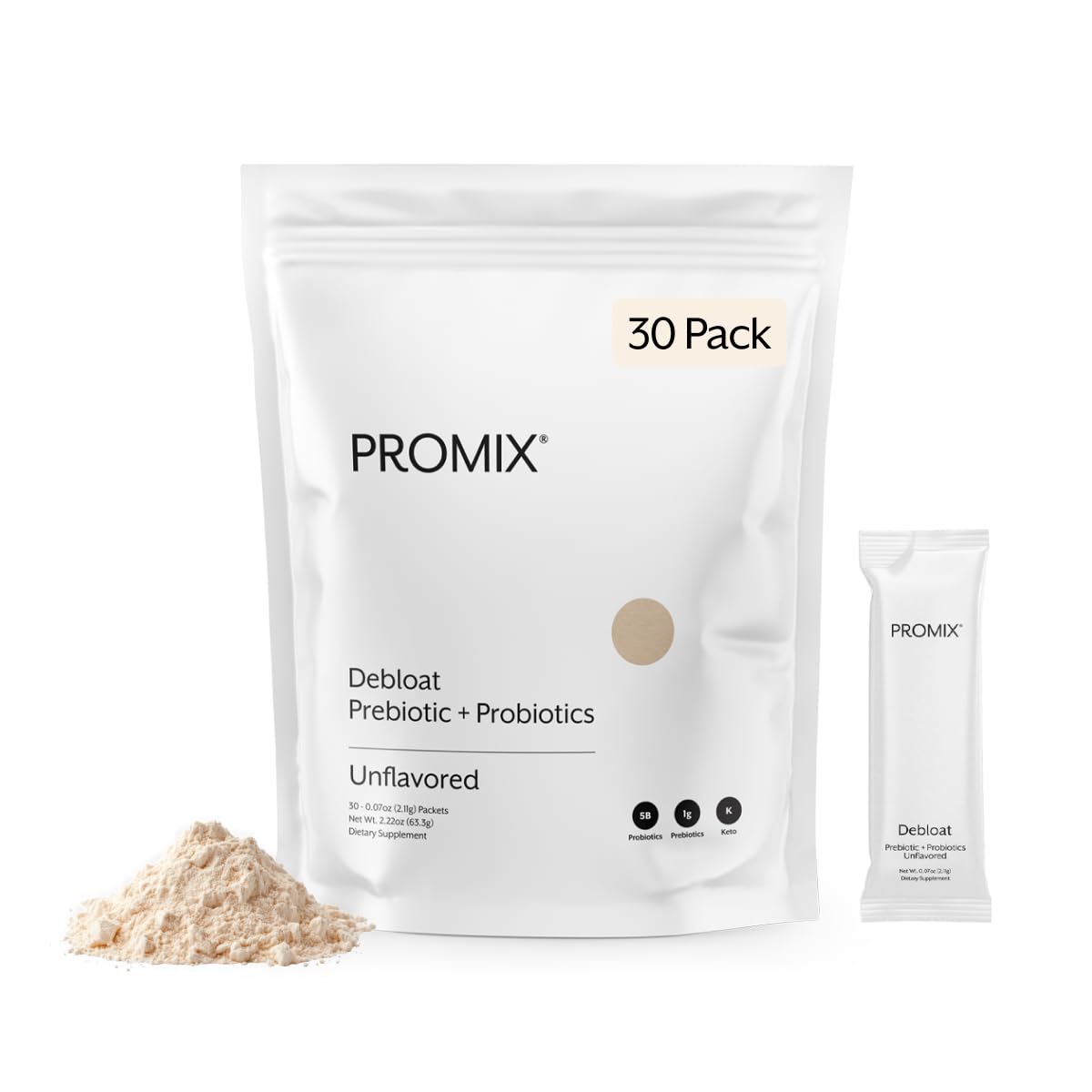 ProMix Nutrition Debloat Prebiotics and Probiotics Immune Support Supplement for Digestion, Cortisol Health, Gut Cleanse - Unflavored Powder, 30 Servings