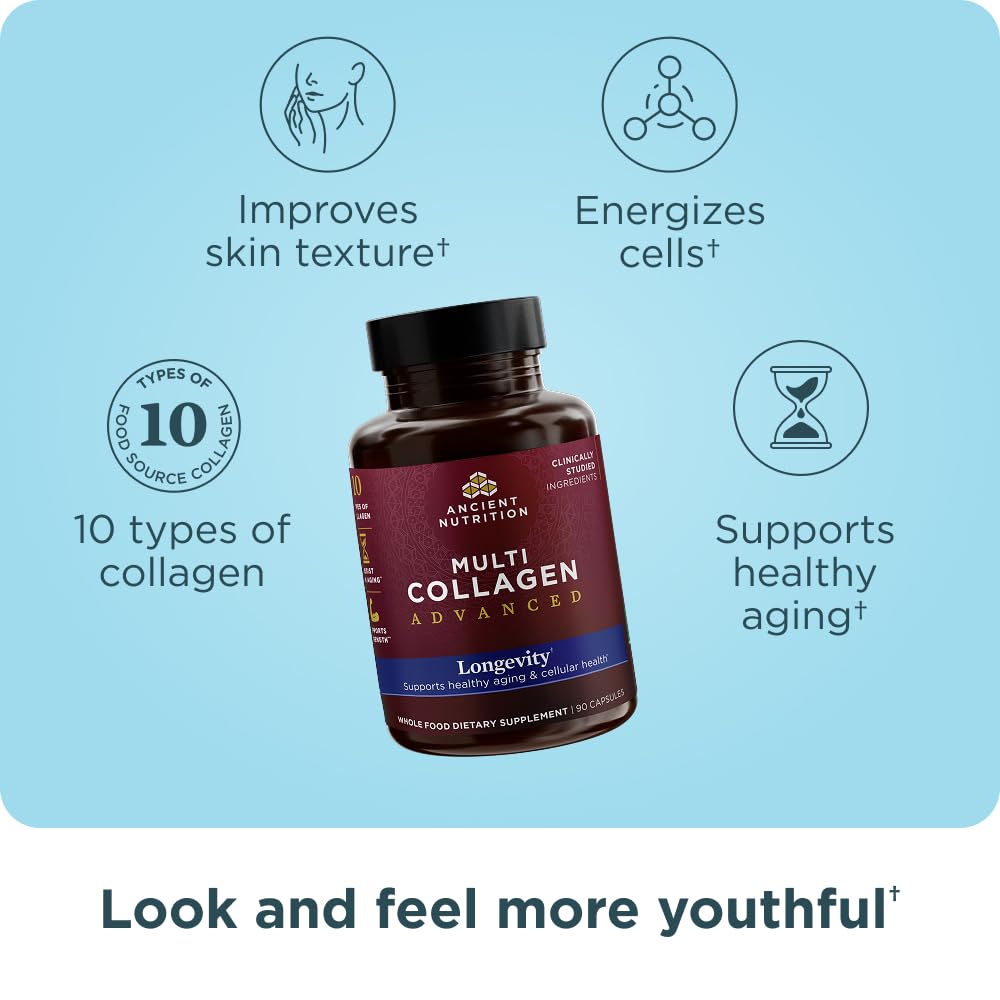 Ancient Nutrition Multi Collagen Advanced Longevity with Probiotics Hydrolyzed Collagen Peptides Capsule 90 Count
