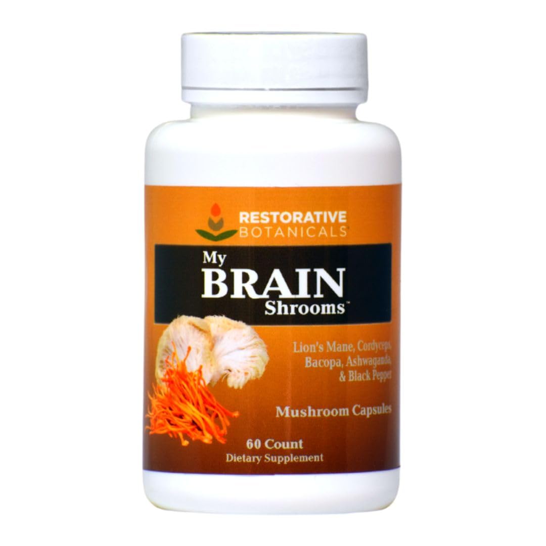 Restorative Botanicals My Brain Shrooms Lion's Mane, Cordyceps, Ashwagandha, Bacopa, Black Pepper Capsules, 60 Count