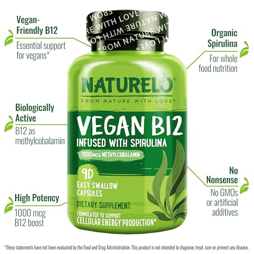 NATURELO Vegan B12 Methyl B12 with Organic Spirulina and Magnesium Glycinate Chelate Complex 210 Capsules