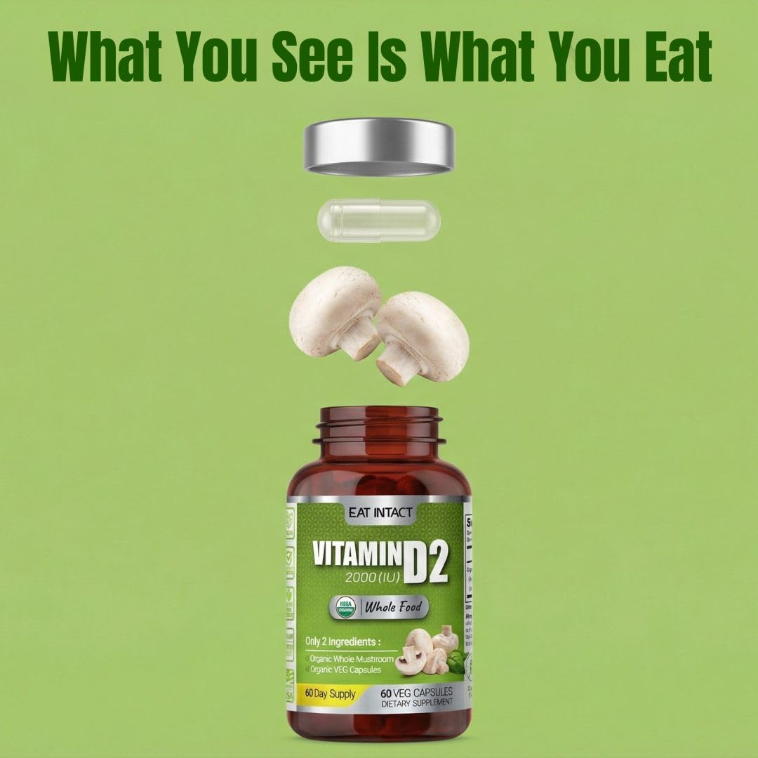 EAT INTACT USDA Organic Vegan Whole Food Vitamin D (D2), 2000 IU (50 mcg) Capsules, 60 Count
