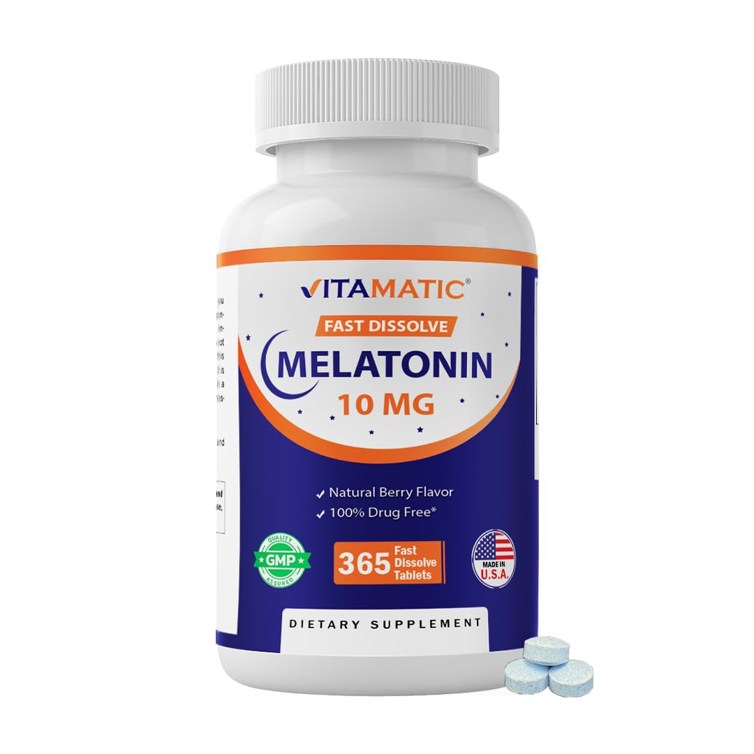 Vitamatic Melatonin 10 mg Fast-Dissolve Tablets – Quick-Dissolving Sleep Support for Adults – Vegetarian, Non-GMO & Gluten-Free – Natural Berry Flavor, 365 Tablets