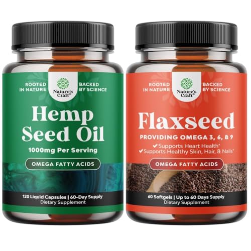 Natures Craft Hemp Seed Oil Capsules and Omega Flaxseed Oil Softgels Omega-3-6-9 Supplement, 180 Count