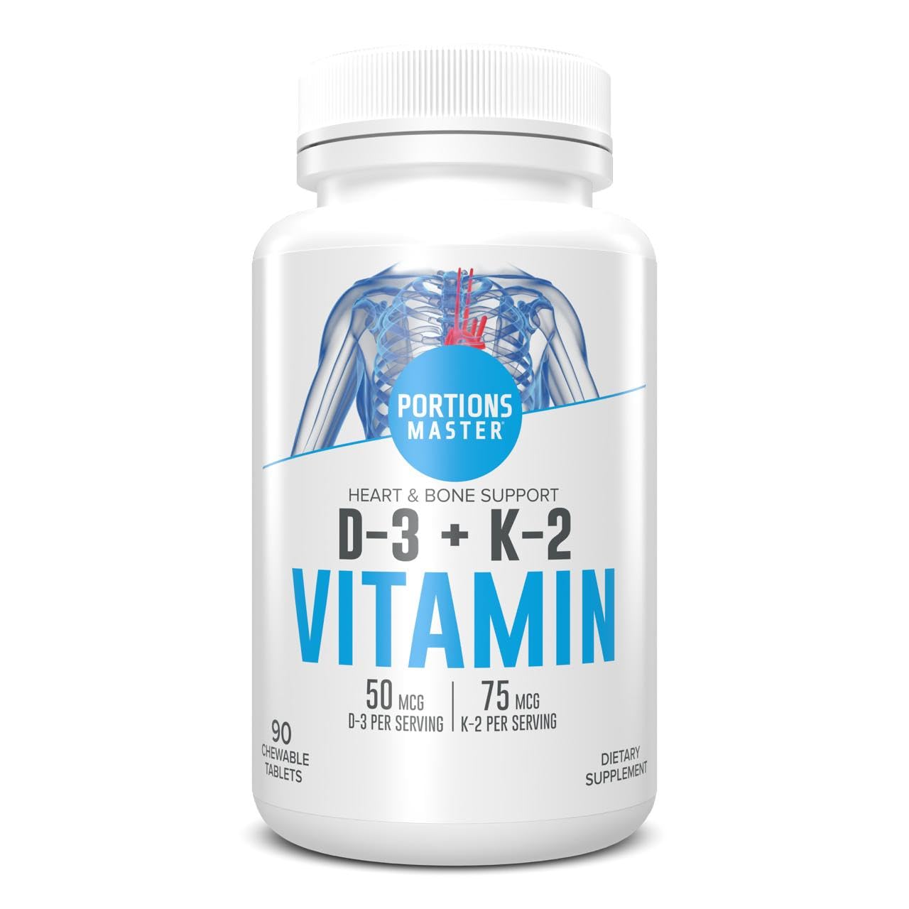 Portions Master Vitamin D3 5000 IU + K2 MK-7, Bone & Heart Tablet, 60 Tablets