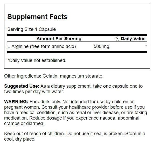 Swanson Amino Acid L-Arginine 500 mg Capsules, 100 Count