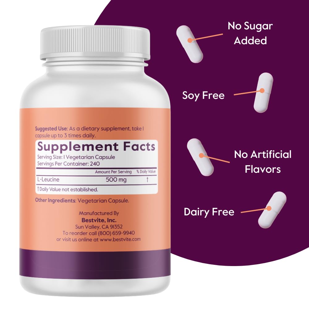 BESTVITE Filler-Free L-Leucine 500mg Capsules, 240 Count