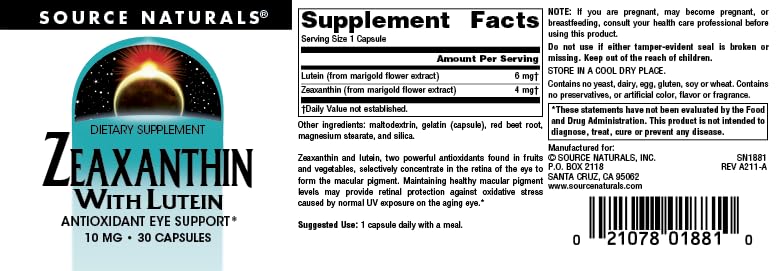 Source Naturals Zeaxanthin with Lutein Antioxidant Eye Support - 10 mg Capsules, 30 Count