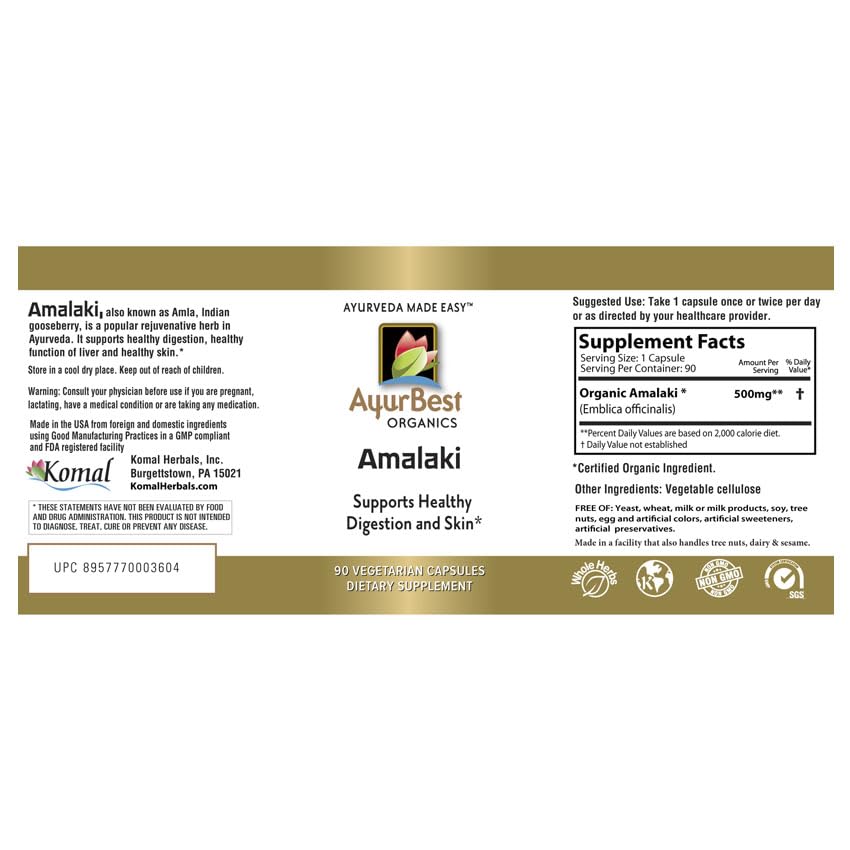 AyurBest Amalaki Herbal Supplements 500mg Capsules 90 Count