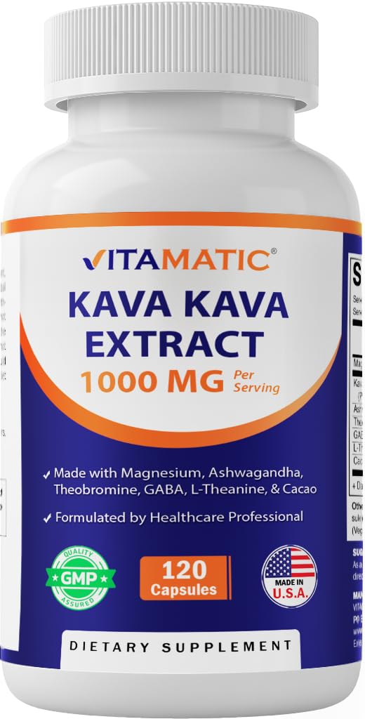 Vitamatic Kava Kava 1000mg with Magnesium, Ashwagandha, GABA, Theobromine, L-Theanine & Cacao Capsules – 120 Count