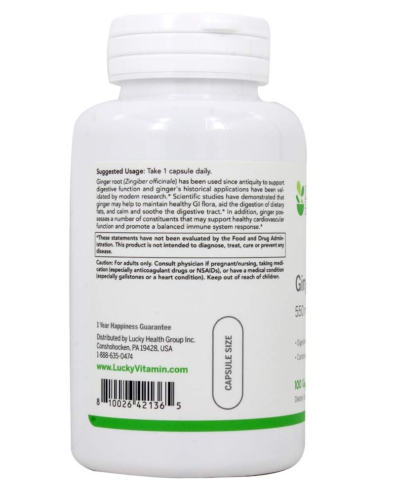 Lucky Vitamin Ginger Root Digestive Support 550 mg Capsules 100