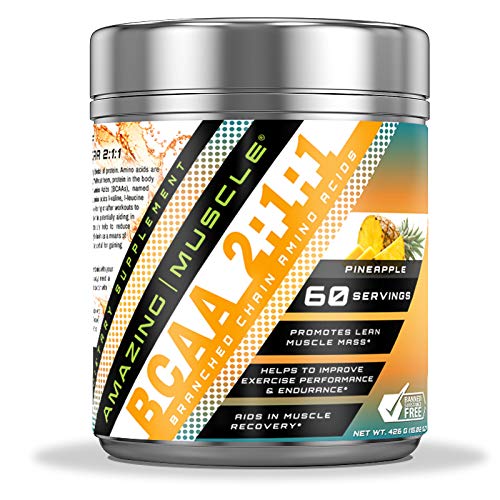 Amazing Muscle BCAA 2:1:1 Branched Chain Amino Acids Supplement Powder, Pineapple Flavor, 6000 mg per Serving, 60 Servings, 16 oz
