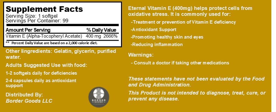 Generic Eternal Vitamin E (400 IU) dl-Alpha Softgel, 99 Softgels