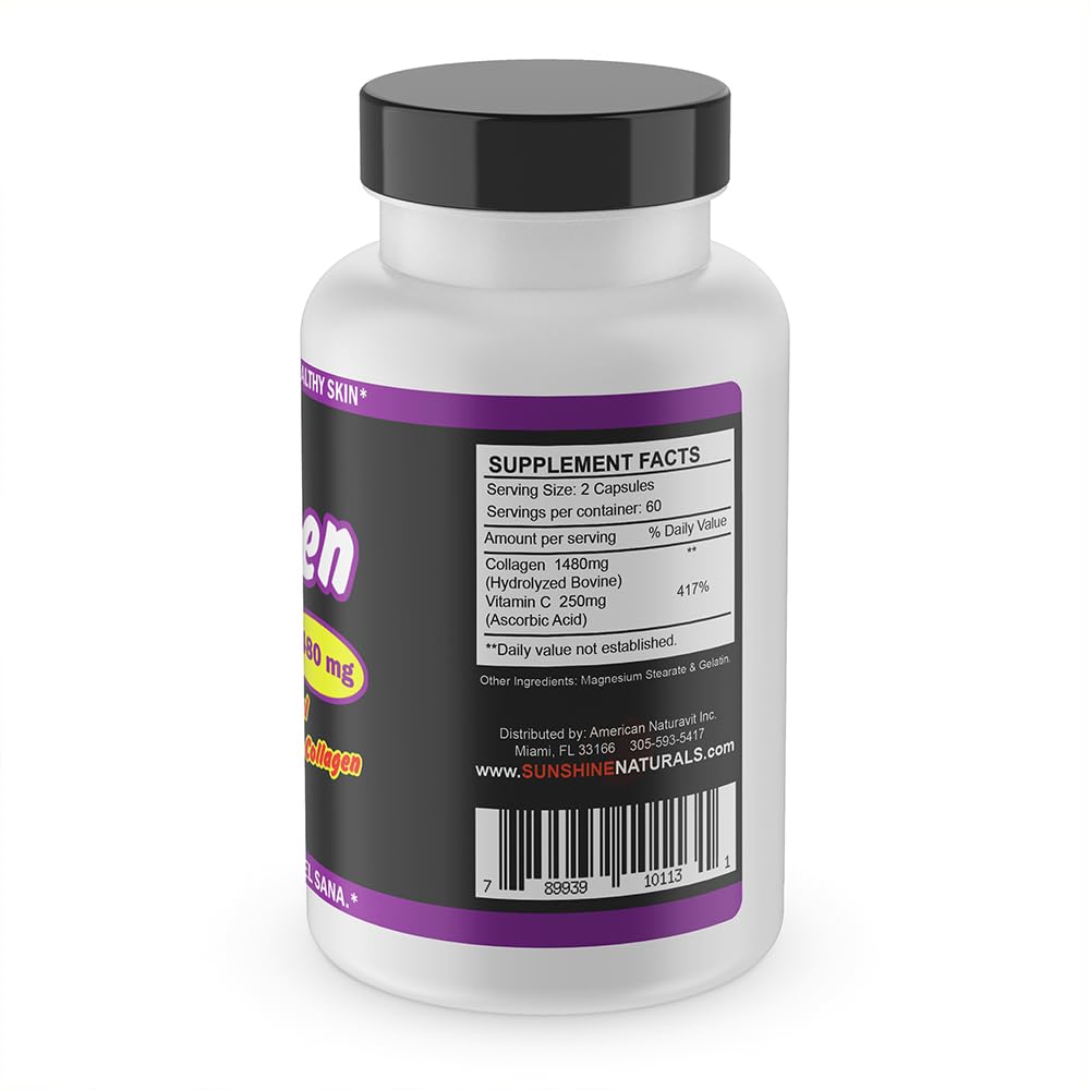 Sunshine Naturals Hydrolyzed Collagen and Vitamin C Dietary Supplement 120 Capsules