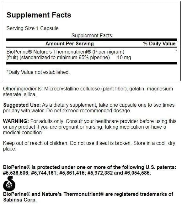 Swanson Bioperine Nutrient Absorption Enhancer 10 Milligrams Vegan Capsules 60 Count
