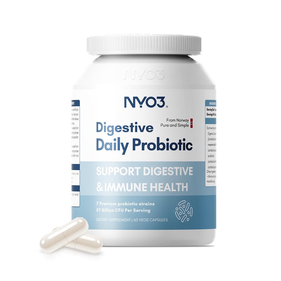 NYO3 Digestive Probiotics 57 Bilion CFU 7 Strains, Bloat Relief, Supports Digestion & Immune Health, 60 Capsules