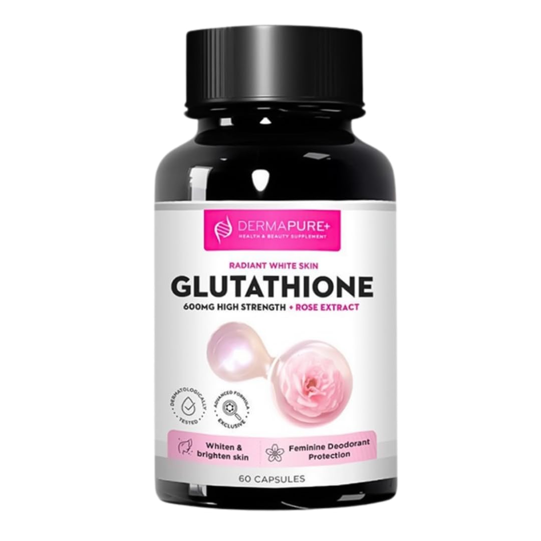 HVSun Dermapure Glutathione Whitening Pills 2-in-1, 600mg with Rose Oil Extract – Skin Lightening & Deodorant Supplement - Dark Spots, Acne Scars & Hyperpigmentation – Made in USA, 60 Capsules