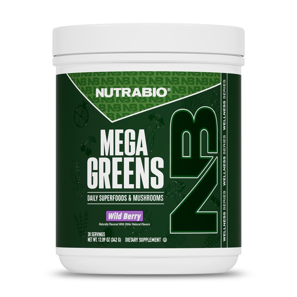 NutraBio Mega Greens Complete Daily Super Greens Powder with Alkalizing, Energy, and Metabolic Support, Digestive Enzymes, Adaptogenic Mushrooms, Immune Defense - 30 Servings - Wild Berry, 10 oz