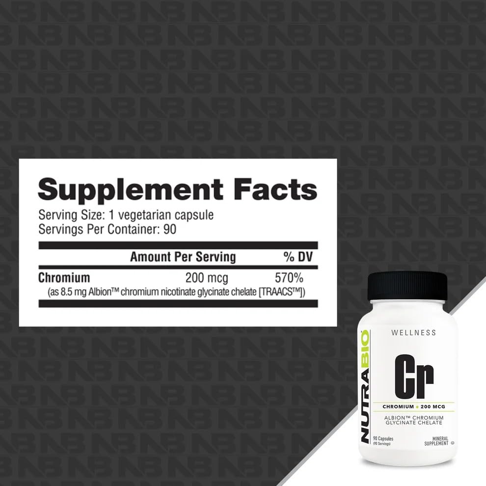 NutraBio Chelated Chromium GTF Supplements 200 mcg Capsules 90 Count