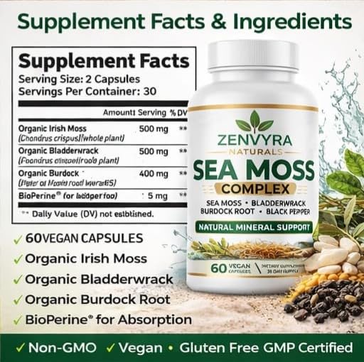 Zenvyra Naturals Organic Sea Moss with Bladderwrack & Burdock Root, Thyroid Support & Immune Booster, Wildcrafted Irish Moss Supplement, 90 Capsules