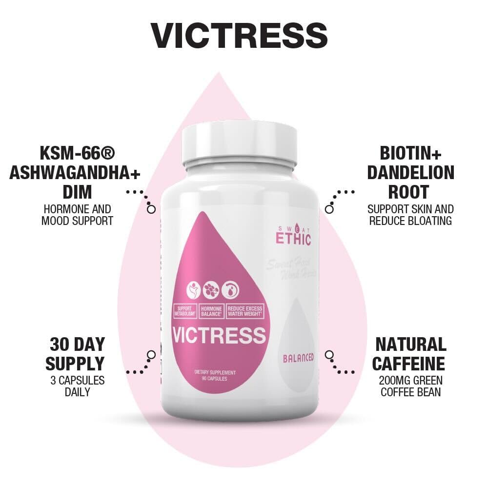 Sweat Ethic Victress Hormone Balance Support for Women with KSM-66 Ashwagandha, DIM, Biotin, Folic Acid, Dandelion Root, Cayenne Pepper & Vitamin D3, Daily Wellness Formula, 8 Capsules