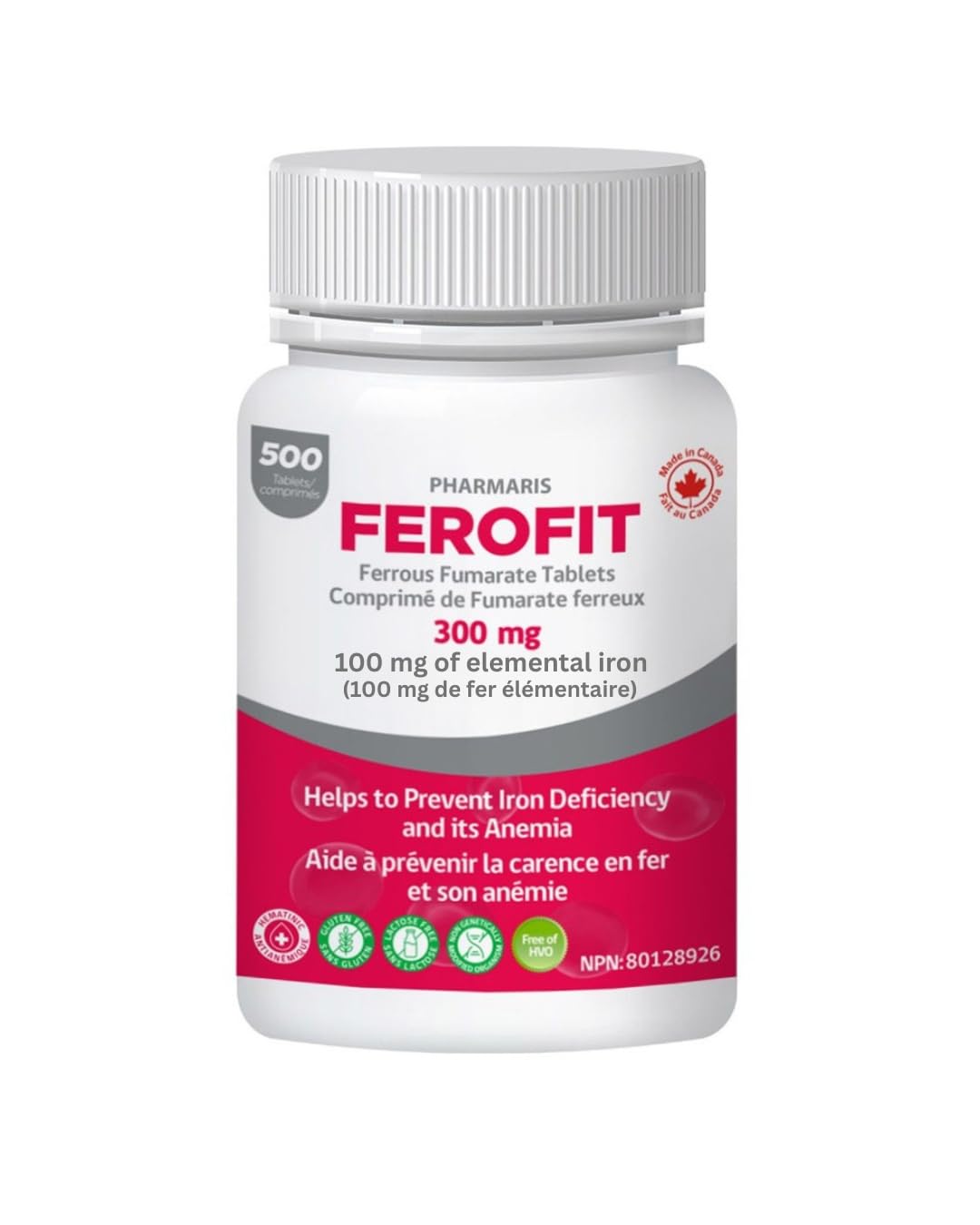 Pharmaris Ferofit - Ferrous Fumarate 300mg (100mg Elemental Iron), Iron Supplement for Women & Men, 500 Tablets