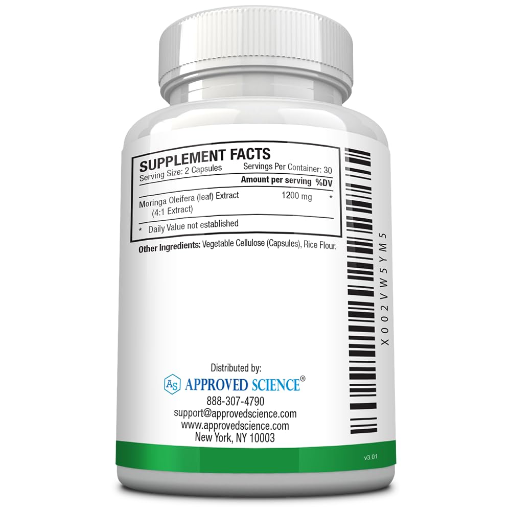 Approved Science MoringaMD Moringa Oleifera Supplement 1200 mg Per Serving, 4:1 Moringa Leaf Extract, Vegan Capsules, Non-GMO, 180 Capsules