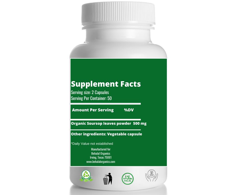 Behalal Organics Soursop Graviola Capsules 500mg, 100 Capsules