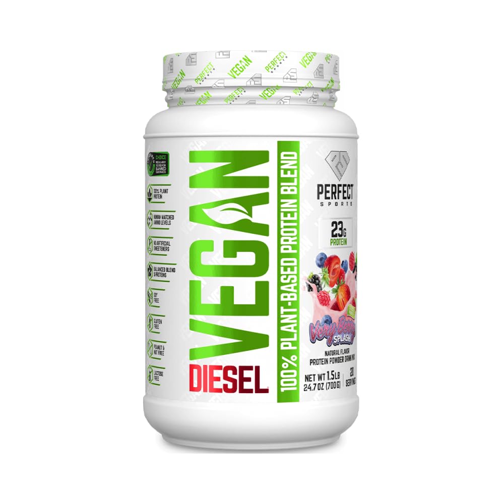PERFECT SPORTS Vegan Diesel 100% Plant Based Protein Powder, 24 Servings, Very Berry Splash