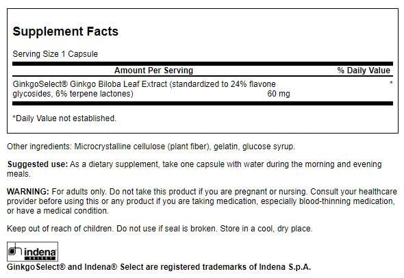 Swanson Ginkgo Biloba Extract Standardized 60 mg Capsule, 120 Count