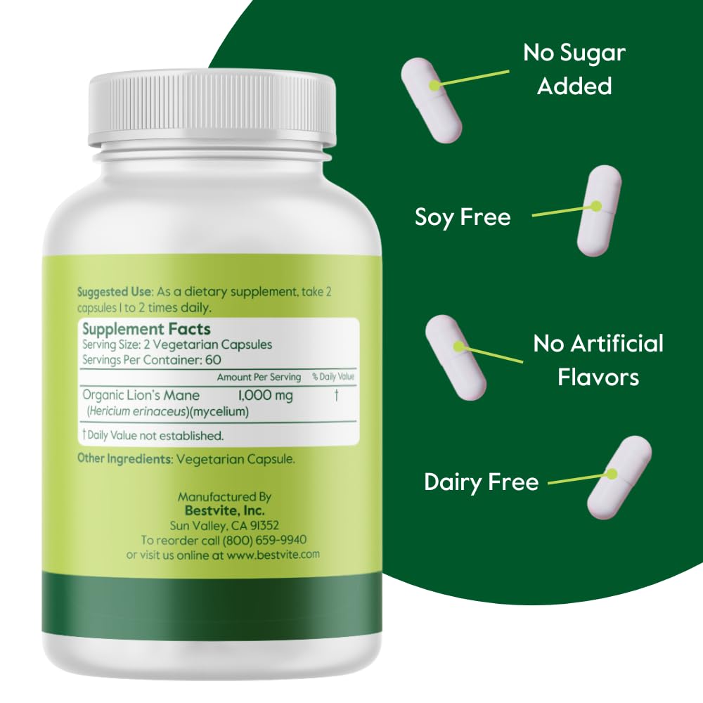 BESTVITE Organic Lion's Mane 500mg 120 Capsules