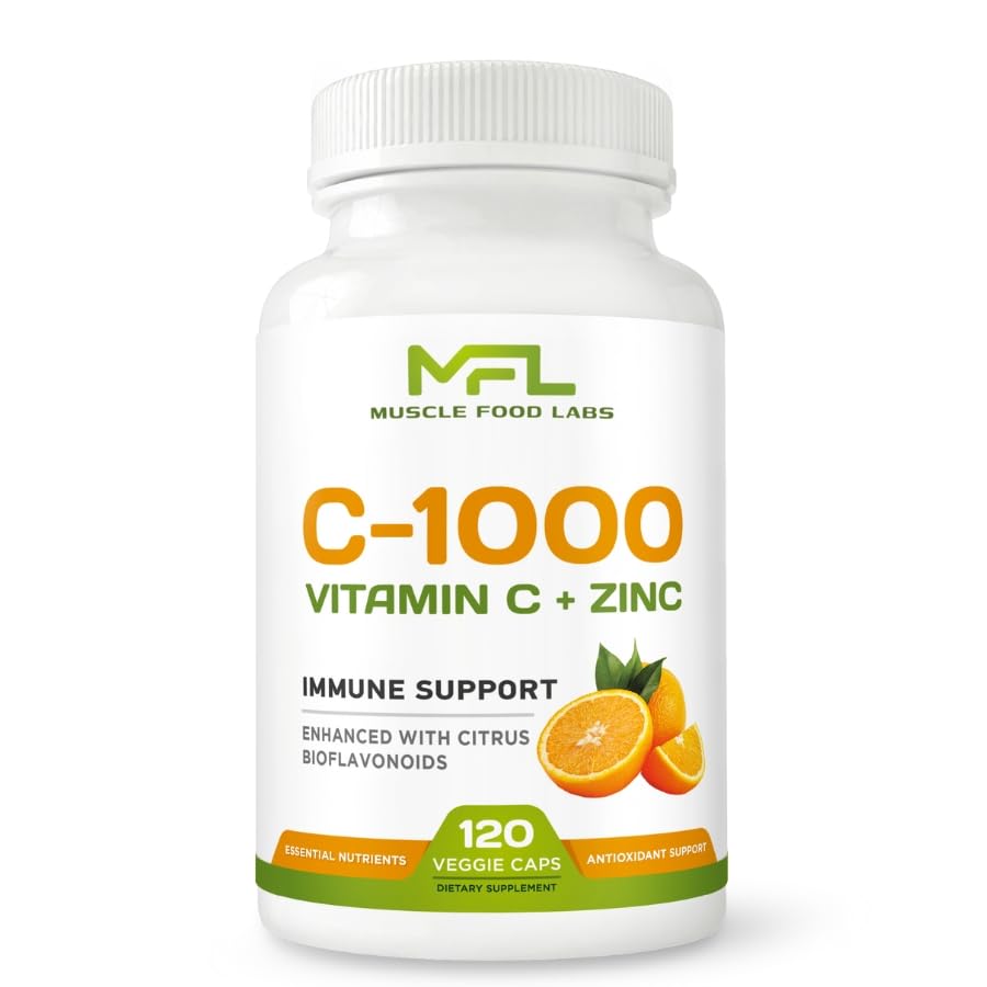 MUSCLE FOOD LABS C-1000 Vitamin C 1000mg, Zinc 25mg, Non-GMO, Gluten Free, 120 Veggie Caps