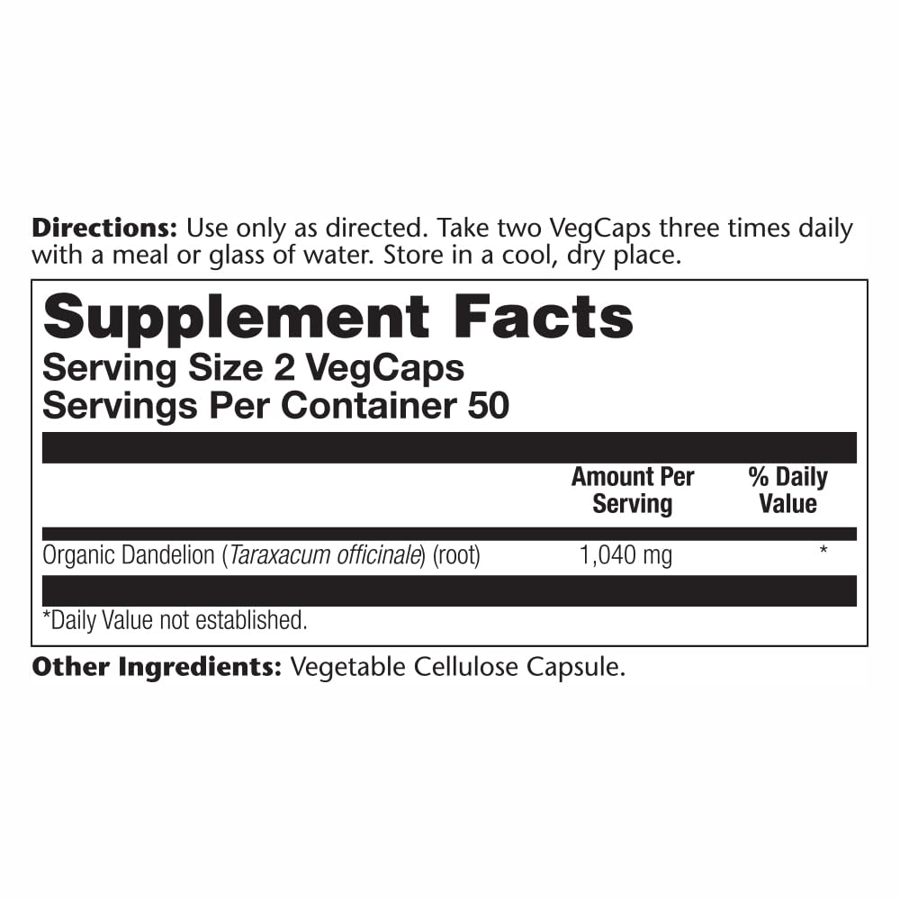 Solaray Organic Dandelion Root Supplement 520 mg Veg Cap 100 Count