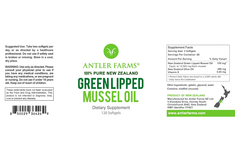 Antler Farms 100% Pure New Zealand Green Lipped Mussel Oil Softgels, 120 Count