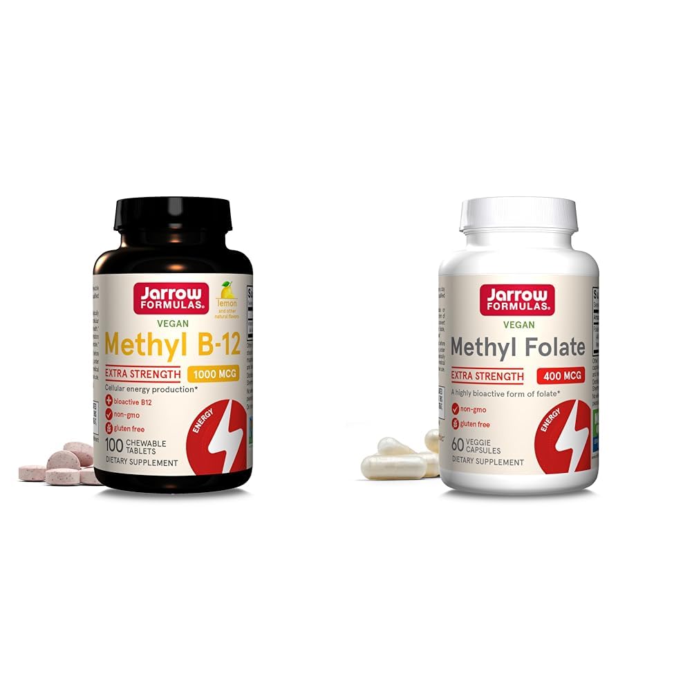Jarrow Formulas Methyl B-12 1000mcg Chewables & Methyl Folate 400mcg Veggie Capsules Bundle, 160 Count
