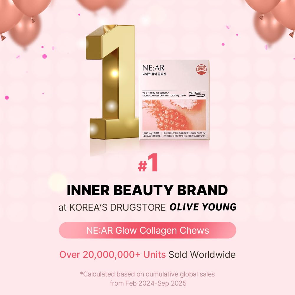 NE:AR Glow Collagen Chews with Hyaluronic Acid & Vitamin C, Chewable, 28 Count