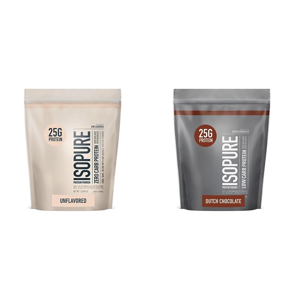 Isopure Unflavored Whey Isolate Protein Powder & Dutch Chocolate Whey Isolate Protein Powder with Vitamin C & Zinc, 2 Count