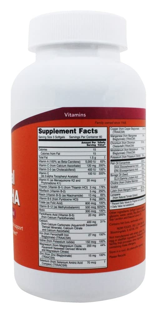 NOW Foods Prenatal Gels + DHA Multivitamin & Mineral Softgel, 180 Softgels