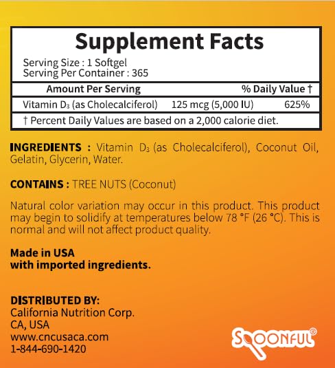 Spoonful Vitamin D3 with Coconut Oil Softgel Capsules 365 Count