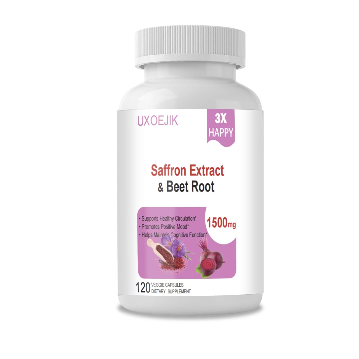 UXOEJIK Saffron Supplements with Organic Beet Root & Ashwagandha - 100mg Saffron Extract Capsules, 120 Count