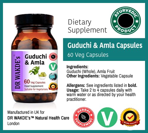 DR WAKDE'S Guduchi & Amla Capsules (60 Veg Caps, Immunity Support, Natural Anti-oxidants, Ayurvedic Supplement, Vegan, Herbal, All Natural, Made in UK)
