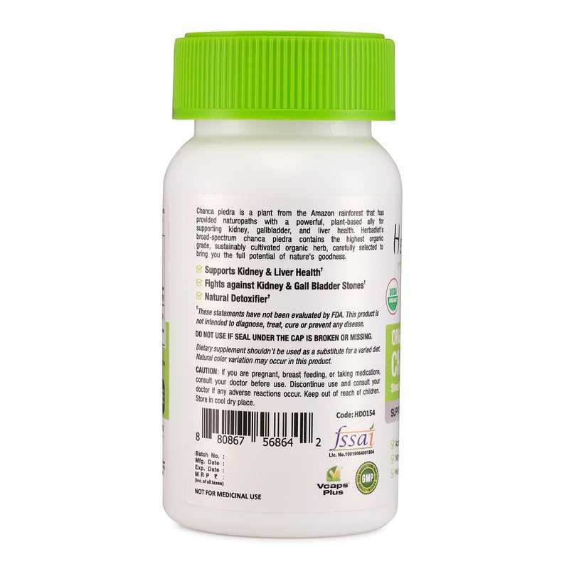 Herbadiet Organic Stone Breaker Chanca Piedra 400mg Capsules, 60 Capsules