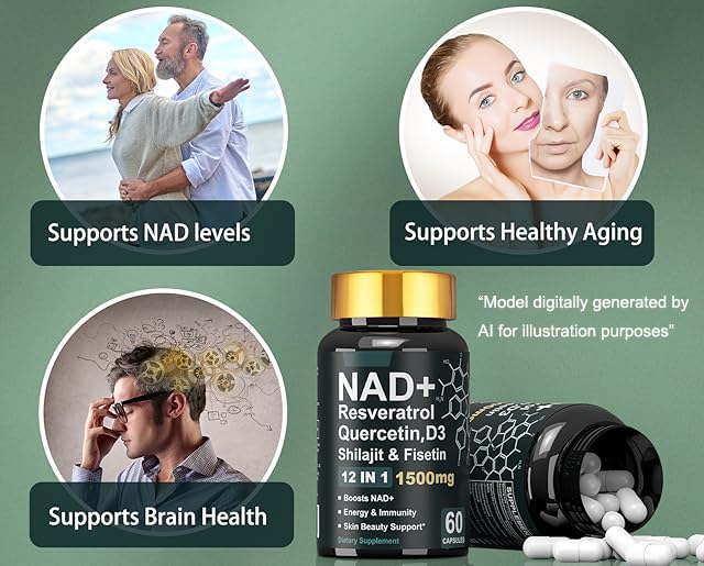 Dr. HR NAD+ Resveratrol Vitamin D3 Quercetin & Fisetin, Anti Aging NAD Supplements 1500mg for Women & Men Support Energy Skin Health Vitality & Immunity, 60 Capsules
