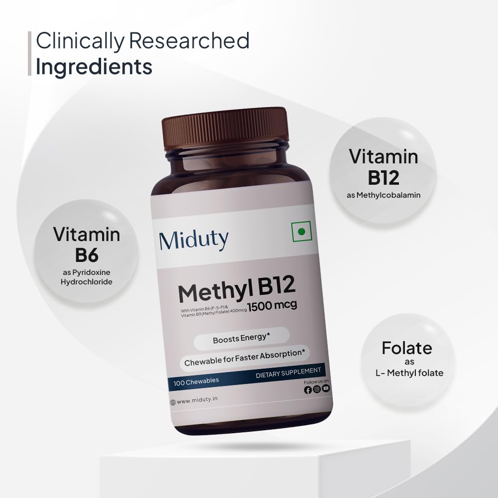 Miduty Methyl Vitamin B12 with Methylcobalamin, Folate, Vitamin B6 Chewable Tablets, 100 Count