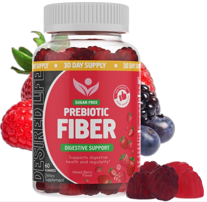Desired Life Sugar Free Prebiotic Fiber Gummies for Adults and Kids, Mixed Berry Flavor, Daily Digestive Health Regularity, 60 Gummies