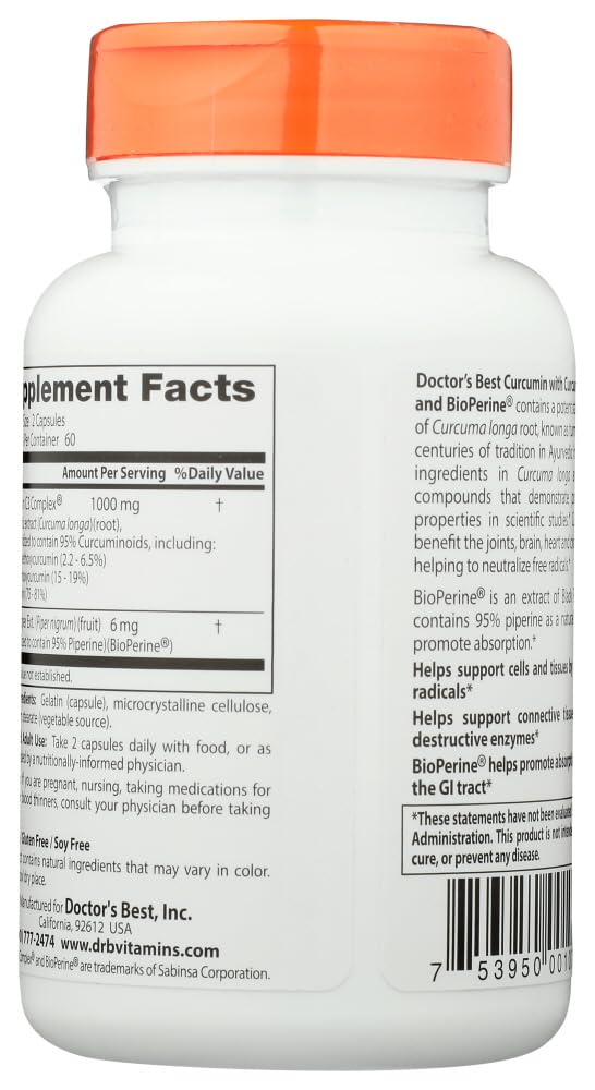 Doctor's Best Curcumin C3 Complex with BioPerine 500 mg Capsules, 120 Count
