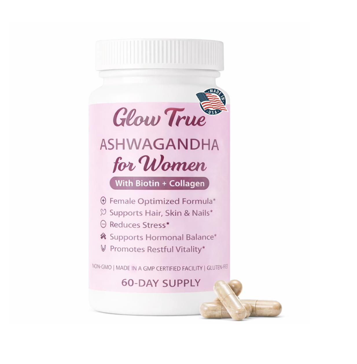 GlowTrue Ashwagandha for Women with Biotin & Collagen – 500mg Female-Optimized Stress & Hormone Support, Hair Skin & Nails – Non-GMO, Gluten-Free Capsules, 60 Count
