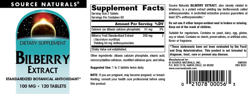Source Naturals Bilberry Extract 100 mg Tablets, 120 Count