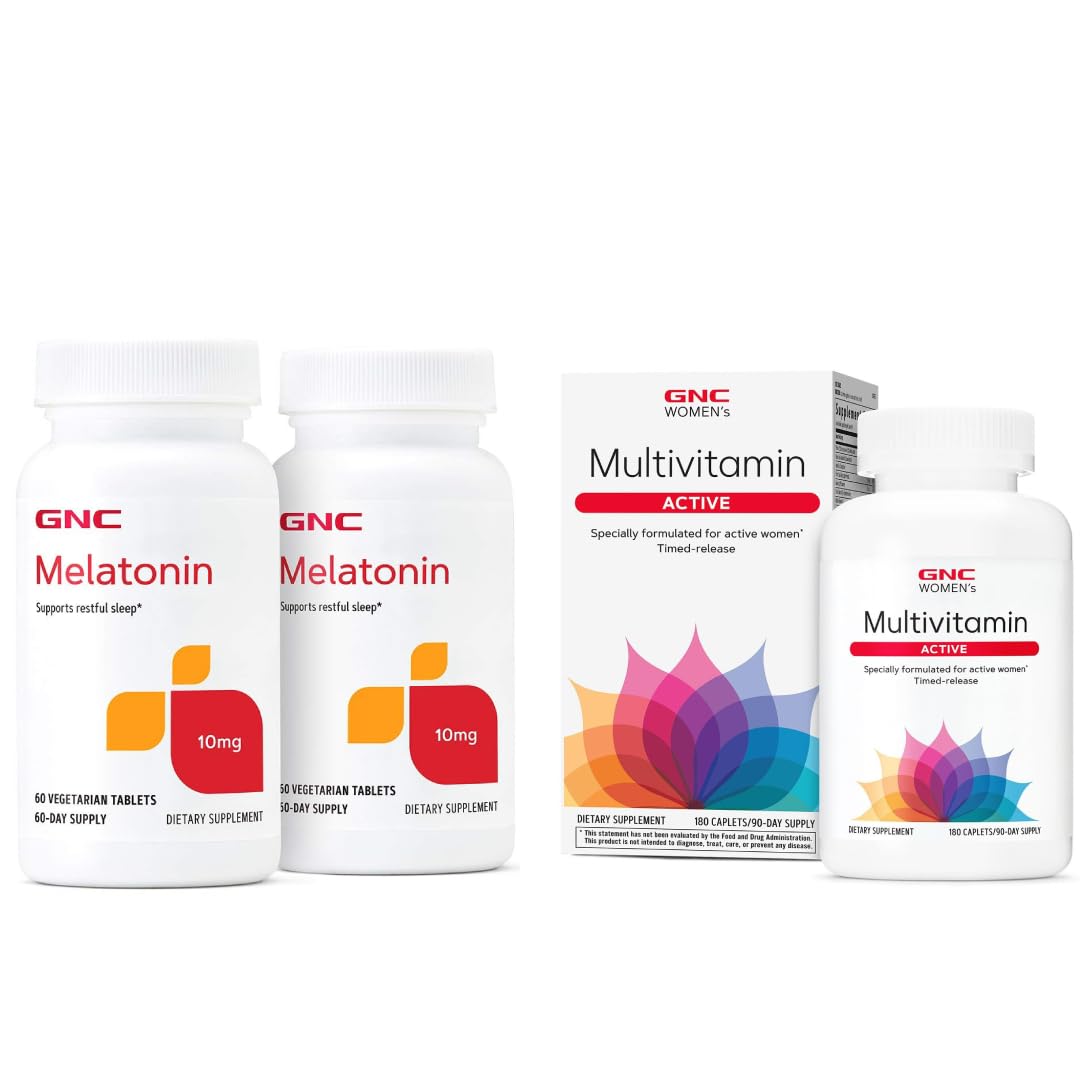 GNC Women's Active Day & Night Bundle: Active Multivitamin Tablets 180 Count & Melatonin 10mg Tablets Twin Pack 120 Total, 300 Count